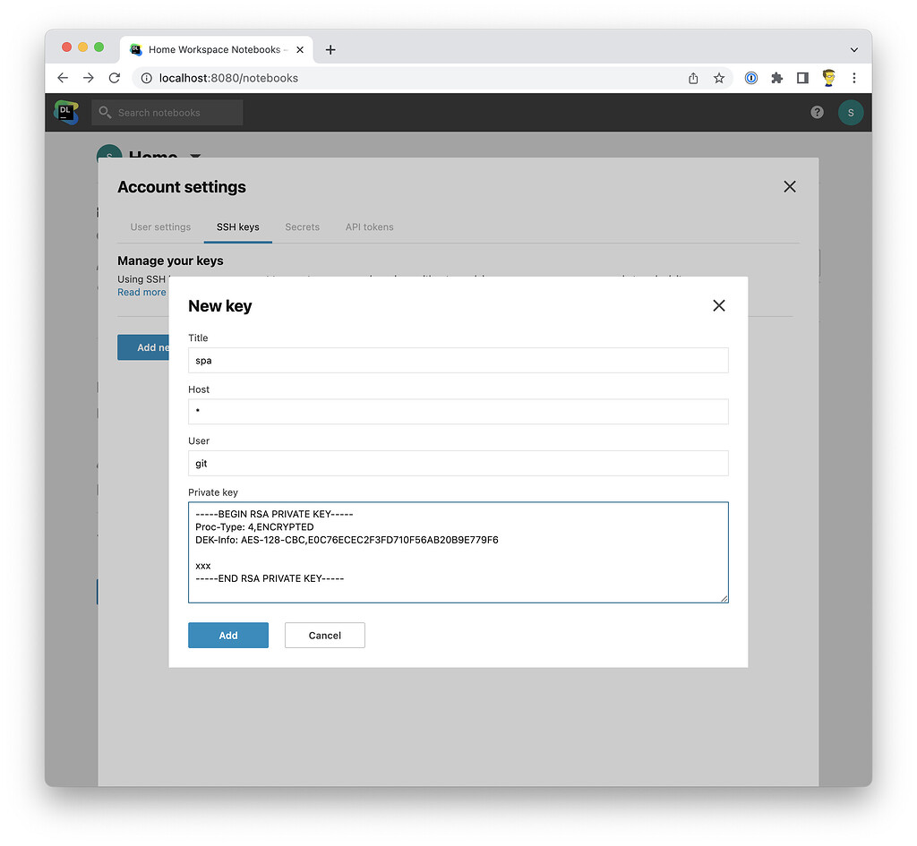 Cannot add a ssh key problems and bugs datalore forum